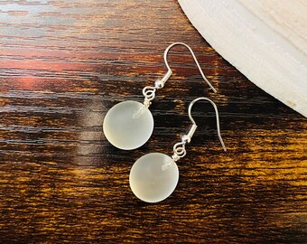 Small White Sea Glass Earrings: Sterling Silver Hooks, Minimalist Jewelry