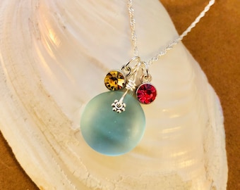 Sea Glass Necklace: Sterling Silver, Family Birthstone Pendant