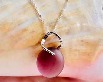 Medium Purple Sea Glass Pendant Necklace, Silver-Plated Brass Bail, Coastal Elegance