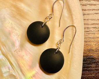Black Sea Glass Earrings • Minimalist Drop Earrings • Coastal Jewelry • Simple Ocean-Inspired Gift