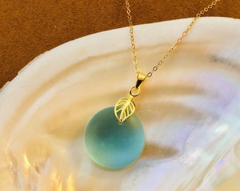 Sky Blue Sea Glass Pendant Necklace: 14k Gold-Filled Leaf Bail