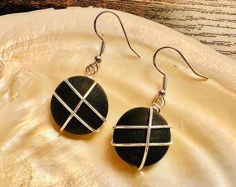 Black Sea Glass Earrings • Hand-Wrapped Silver Wire • Minimalist Coastal Jewelry