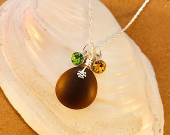 Personalized Sea Glass Necklace: Sterling Silver, Birthstone Charms