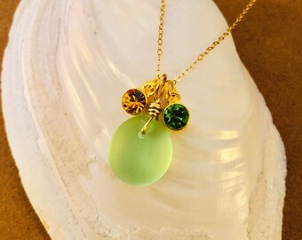 Sea Glass Necklace w Birthstone Crystals, Gold Beach Glass Jewelry w Family Birthstones, Personalized Gold Filled Jewelry , Green Seaglass