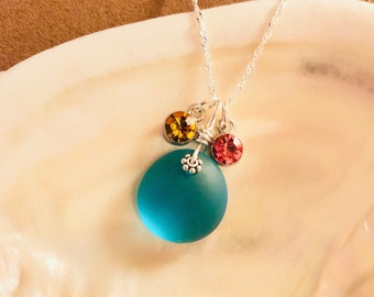 Turquoise Sea Glass Necklace: Sterling Silver, Personalized Birthstone Pendant