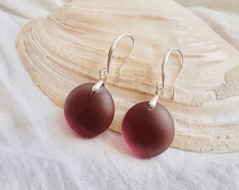Frosted Purple Sea Glass Earrings | Sterling Silver Hooks, Coastal Minimalist Jewelry