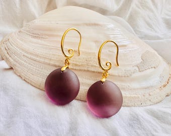 Frosted Purple Sea Glass Earrings, 18K Gold-Filled Scroll Hooks, Coastal Elegance