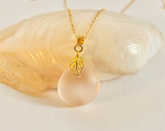 Pale Pink Sea Glass Pendant Necklace: 14k Gold Filled Leaf Bail