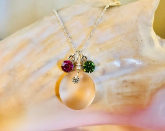 Sea Glass Necklace: Sterling Silver Pendant with Birthstones