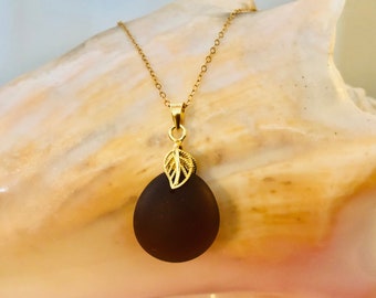 Dark Brown Sea Glass Necklace: 14k Gold-Filled Leaf Bail Pendant