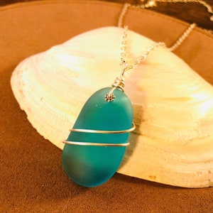 Large Turquoise Sea Glass Pendant Necklace: Sterling Silver Wire Wrapped Jewelry