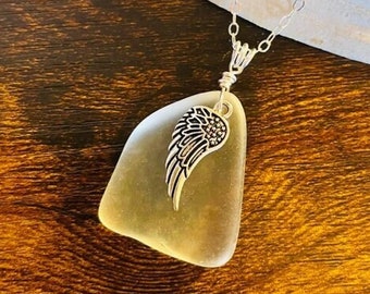 Sea Glass Pendant Necklace: Sterling Silver Angel Wing Charm, Beach Jewelry
