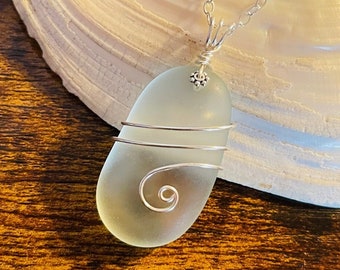 Large White Sea Glass Pendant Necklace: Sterling Silver Wire Wrapped Jewelry