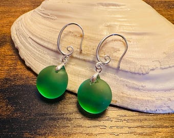 Frosted Green Sea Glass Earrings • Sterling Silver Coastal Jewelry