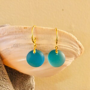 Sea Glass Earrings 18k Gold Filled Jewelry Beach Glass Jewelry Round Drop Sea Glass Earrings Sea Glass Jewelry Deep Turquoise image 5