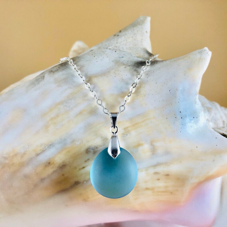 Sea Glass Drop Pendant Necklace Sterling Silver Beach Glass Jewelry Simple Unisex Seaglass Necklace Medium Turquoise Blue image 1