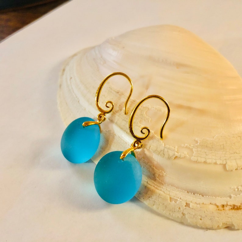 Sea Glass Earrings 18k Gold Filled Jewelry Beach Glass Jewelry Round Drop Sea Glass Earrings Sea Glass Jewelry Deep Turquoise image 3