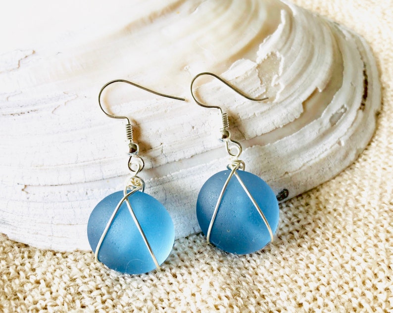 Sea Glass Earrings  Round Beach Glass Earrings  Beach Glass image 0