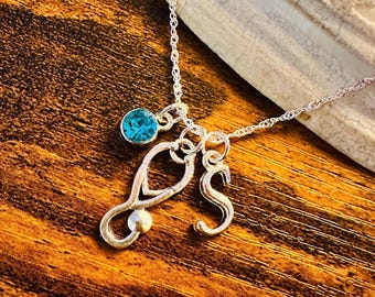 Personalized Stethoscope Necklace, Initial & Birthstone Charm, Nurse Gift