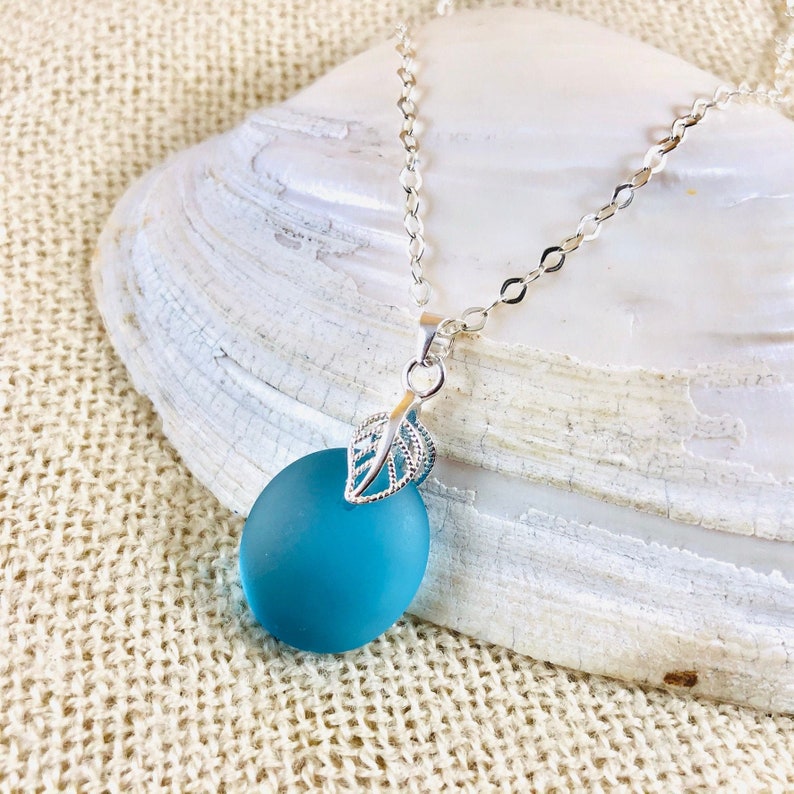 Sterling Silver Sea Glass Pendant Necklace Beach Glass Jewelry Silver Leaf Pendant Elegant Seaglass Jewelry Deep Turquoise Blue image 1