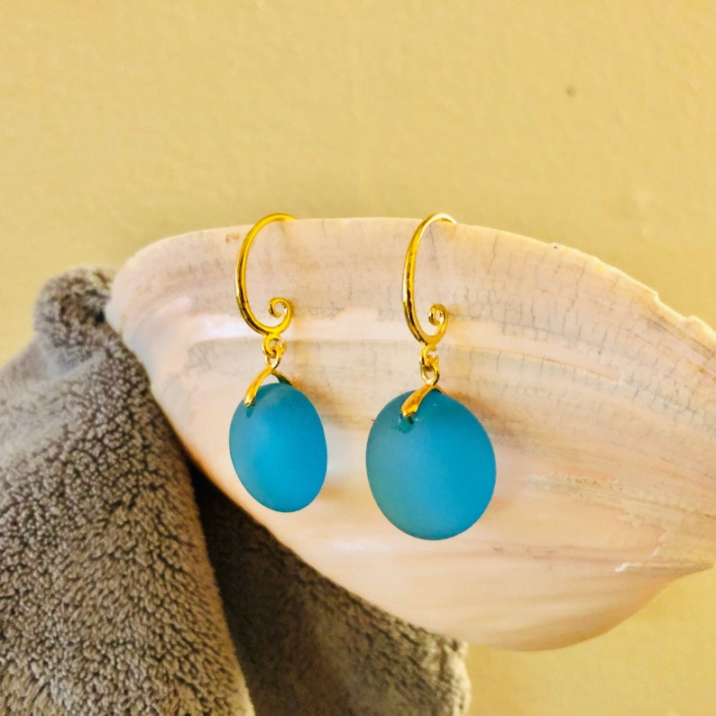 Sea Glass Earrings 18k Gold Filled Jewelry Beach Glass Jewelry Round Drop Sea Glass Earrings Sea Glass Jewelry Deep Turquoise image 1