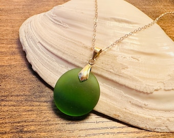 Green Sea Glass Pendant Necklace • 14k Gold Filled Bail • Minimalist Ocean Jewelry