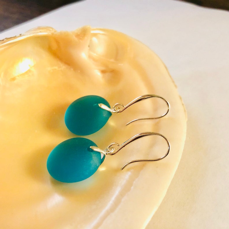 Sea Glass Earrings Sterling Silver Earrings Beach Glass Jewelry Drop Dangle Sea Glass Earrings Gift for Her Deep Turquoise image 5
