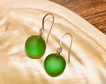 Frosted Green Sea Glass Earrings • 925 Sterling Silver Hooks • Minimalist Beach Jewelry