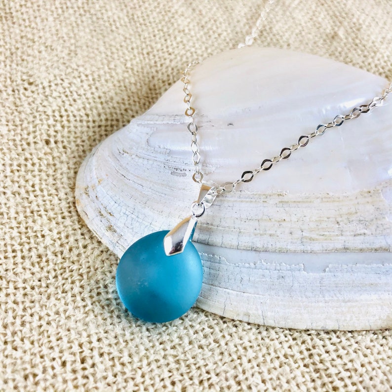 Sea Glass Drop Pendant Necklace Sterling Silver Beach Glass Jewelry Simple Unisex Seaglass Necklace Medium Turquoise Blue image 2