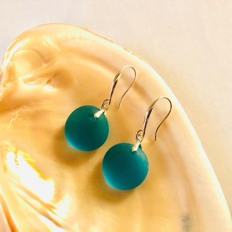 Sea Glass Earrings Sterling Silver Earrings Beach Glass Jewelry Drop Dangle Sea Glass Earrings Gift for Her Deep Turquoise image 1