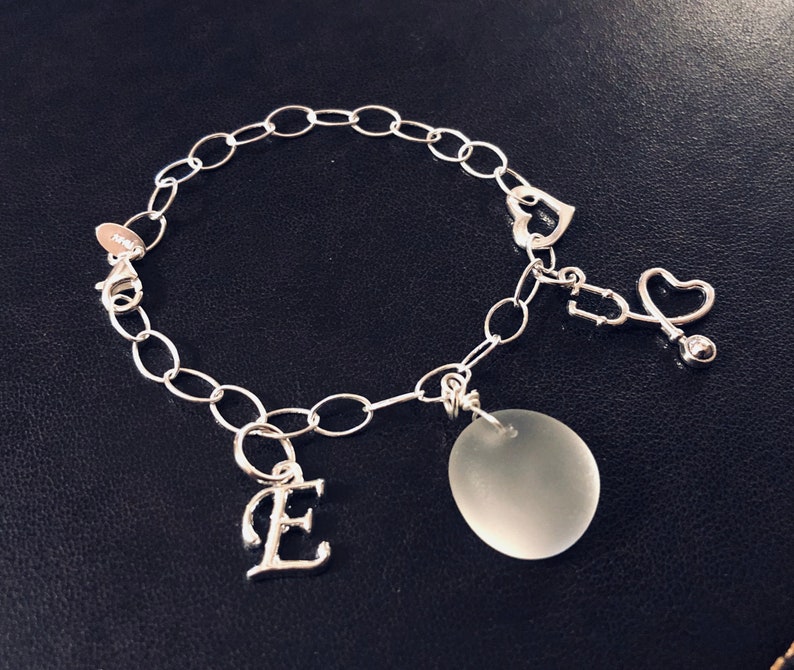 Sea Glass Sterling Silver Charm Bracelet  Personalized Letter image 0