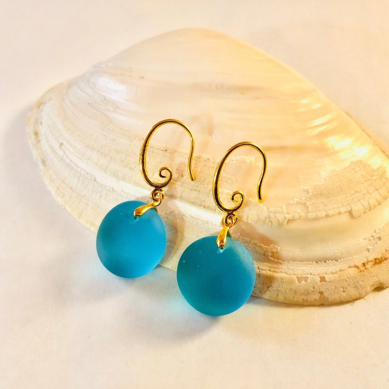 Sea Glass Earrings 18k Gold Filled Jewelry Beach Glass Jewelry Round Drop Sea Glass Earrings Sea Glass Jewelry Deep Turquoise image 2
