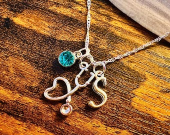 Personalized Stethoscope Necklace, Initial & Birthstone, Healthcare Gift