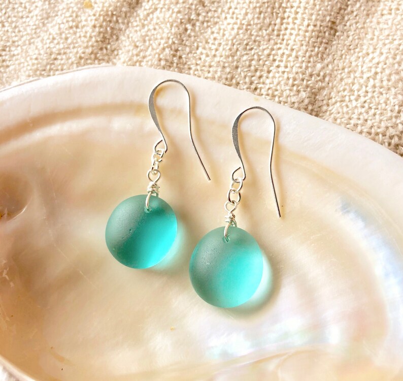 Silver French Hook Sea Glass Earrings  Round Dangle Beach image 0