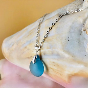 Sea Glass Drop Pendant Necklace Sterling Silver Beach Glass Jewelry Simple Unisex Seaglass Necklace Medium Turquoise Blue image 4