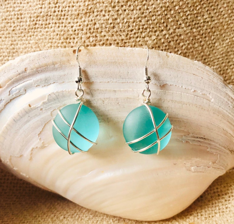 Silver Sea Glass Earrings  Turquoise Blue  Round Beach Glass image 0