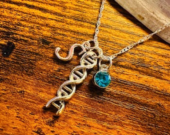 DNA Necklace | Silver Plated Double Helix, Birthstone & Initial Charm