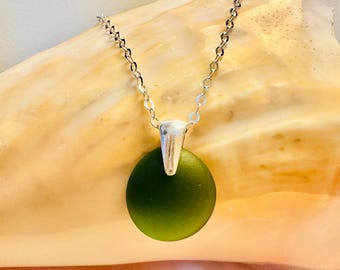 Green Sea Glass Pendant Necklace – Sterling Silver Cable Chain, Modern Slide Bail