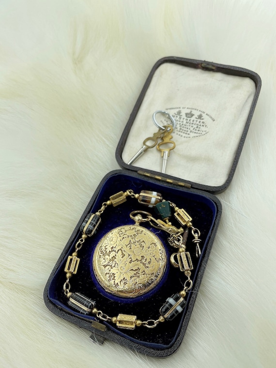 Lady Gold Pocket Watch With Sugar Agate With Bloo… - image 1