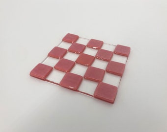 Checkered pink salmon Coasters - Kiln fused glass coasters - checkered glass - coffee table art - unique home gift - pink home decor