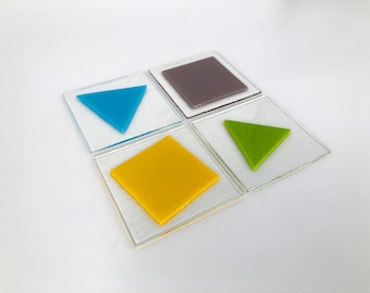 Colorful square and triangle Coasters - Kiln fused glass coasters - geometric shapes - coffee table art - unique home gift