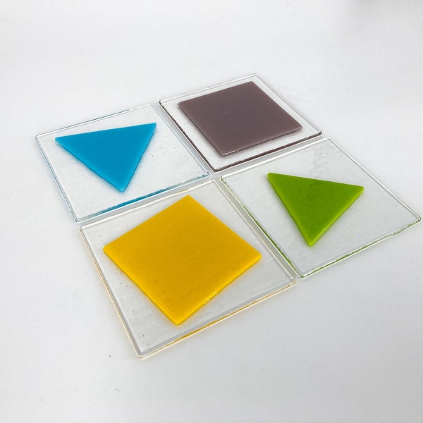 Colorful square and triangle Coasters - Kiln fused glass coasters - geometric shapes - coffee table art - unique home gift