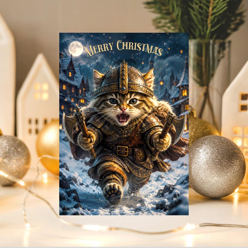May include: A Christmas greeting card featuring a tabby cat dressed as a Viking warrior, wearing a metal helmet and armor while holding two small axes. The cat is running through a snowy landscape with a moonlit village in the background and the text Merry Christmas.
