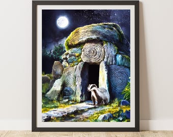 Badger & Burial Mound Art Print: Pagan Home Decor