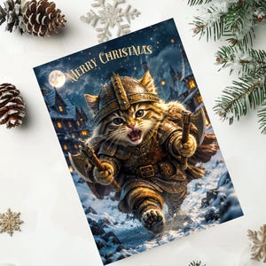 May include: A rectangular Christmas greeting card featuring a tabby cat dressed as a Viking warrior in armor and a helmet, holding two small axes. The background shows a snowy village at night under a full moon with the text Merry Christmas printed.