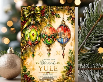 Blessed Yule Card, Pagan Winter Solstice Greeting, Festive Ornaments, Holly Seasonal Design