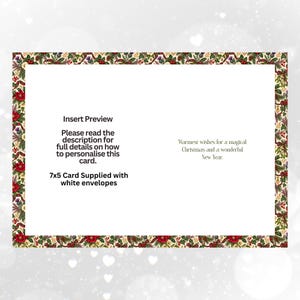 K&ouml;nnte beinhalten: Eine 7x5 Gru&szlig;karte mit einem festlichen Rand aus roten Weihnachtssternen, gr&uuml;nen Tannennadeln und Beeren. Der Text lautet: Insert Preview, Please read the description for full details on how to personalise this card, 7x5 Card Supplied with white envelopes, und Warmest wishes for a magical Christmas and a wonderful New Year.