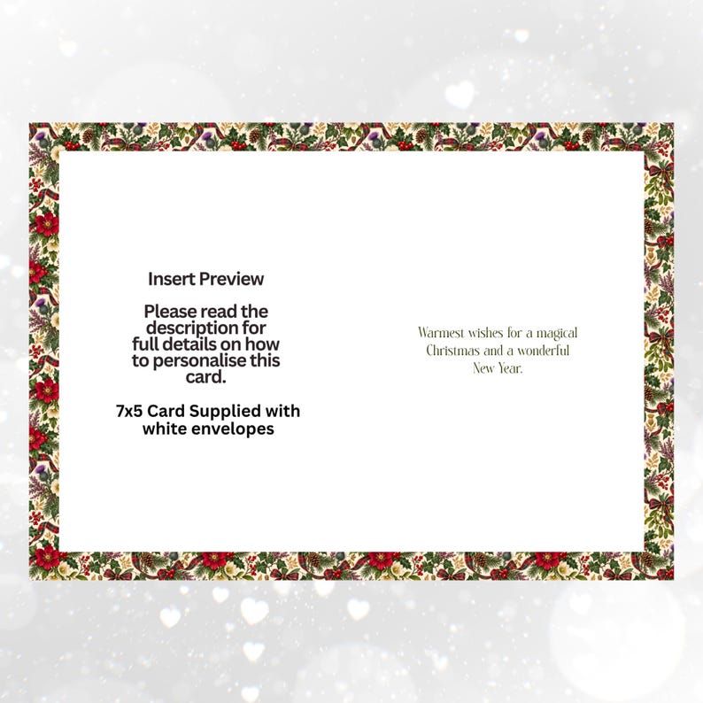 K&ouml;nnte beinhalten: Eine 7x5 Gru&szlig;karte mit einem festlichen Rand aus roten Weihnachtssternen, gr&uuml;nen Tannennadeln und Beeren. Der Text lautet: Insert Preview, Please read the description for full details on how to personalise this card, 7x5 Card Supplied with white envelopes, und Warmest wishes for a magical Christmas and a wonderful New Year.