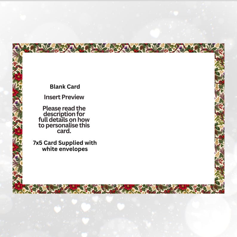 K&ouml;nnte beinhalten: Eine rechteckige Gru&szlig;karte mit einem festlichen Rand aus roten Weihnachtssternen, gr&uuml;nen Stechpalmenbl&auml;ttern, Tannenzapfen und Disteln. Der Text in der Mitte lautet: Blank Card, Insert Preview, Please read the description for full details on how to personalise this card. 7x5 Card Supplied with white envelopes.