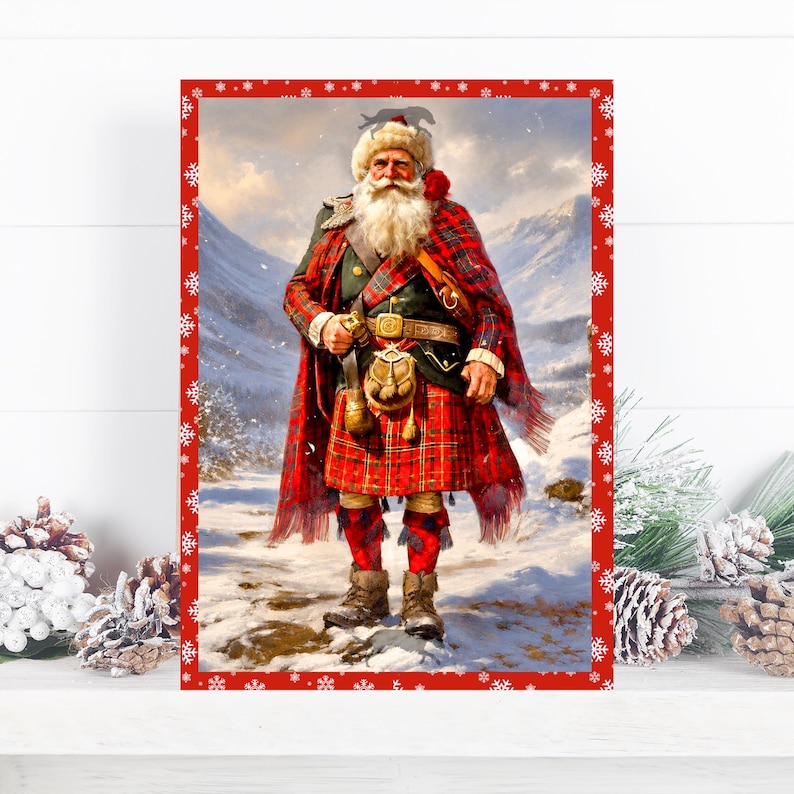 K&ouml;nnte beinhalten: Eine Darstellung des Weihnachtsmanns in einem rot-gr&uuml;nen Schottenkilt, einem passenden karierten Umhang und einem Sporran. Er hat einen langen wei&szlig;en Bart und tr&auml;gt eine pelzbesetzte M&uuml;tze. Der Hintergrund zeigt eine verschneite Berglandschaft.